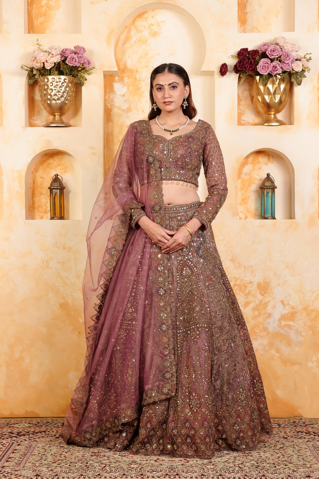 Dried Lavender Twill Net Lehenga with Heavy Zari Work, Blouse & Dupatta