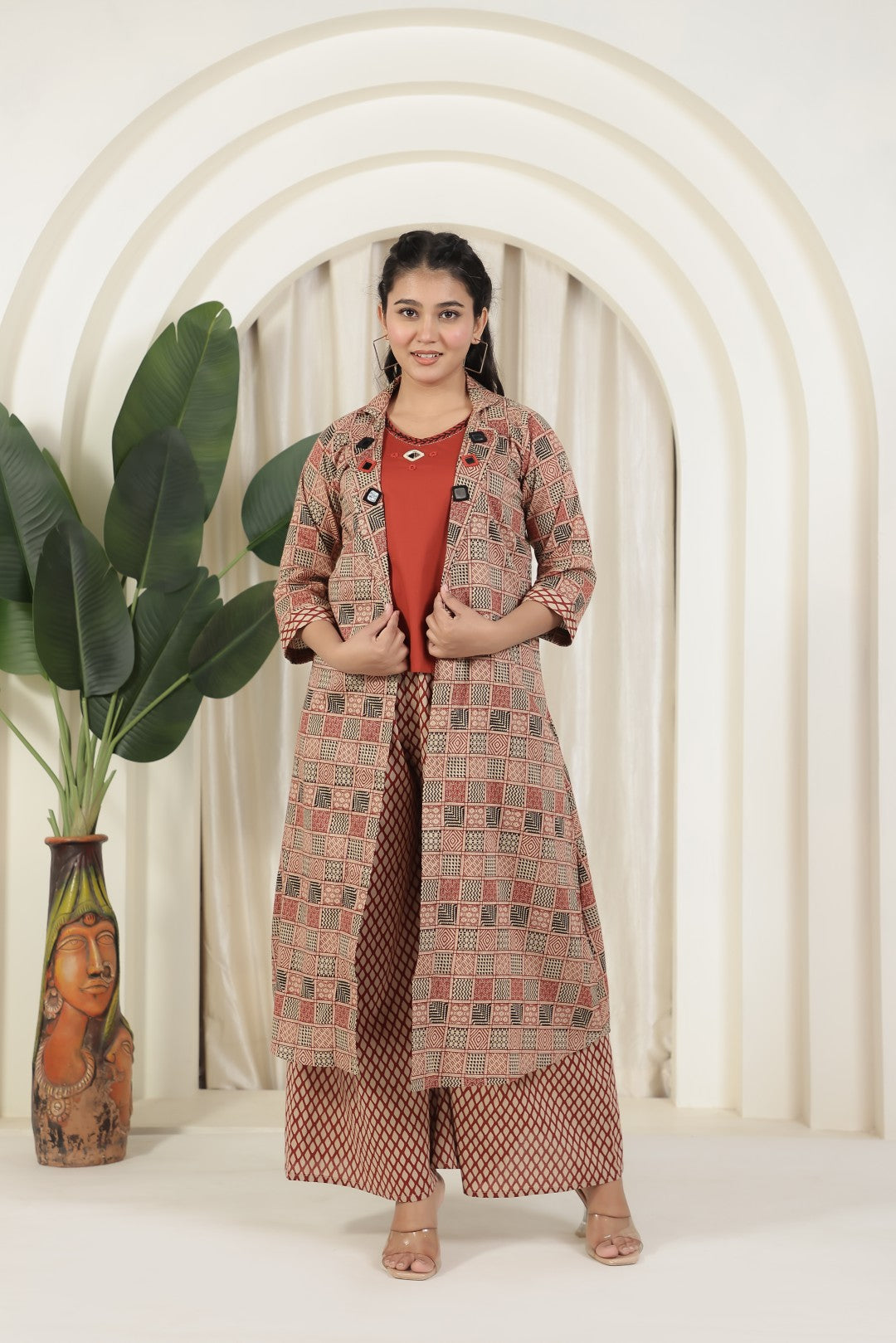 Rust Cambric Cotton Top with Mirror Work, and Block Print Pant & Jacket Shrug