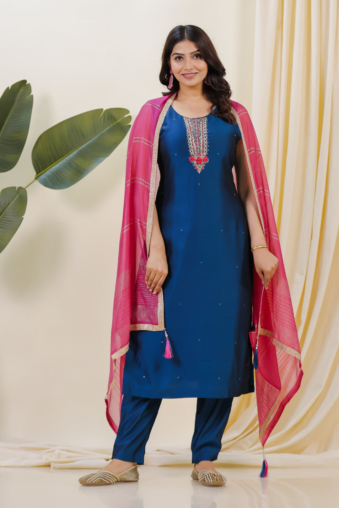 Diesel Blue Muslin Silk Suit with Handwork, Bottom & Dupatta