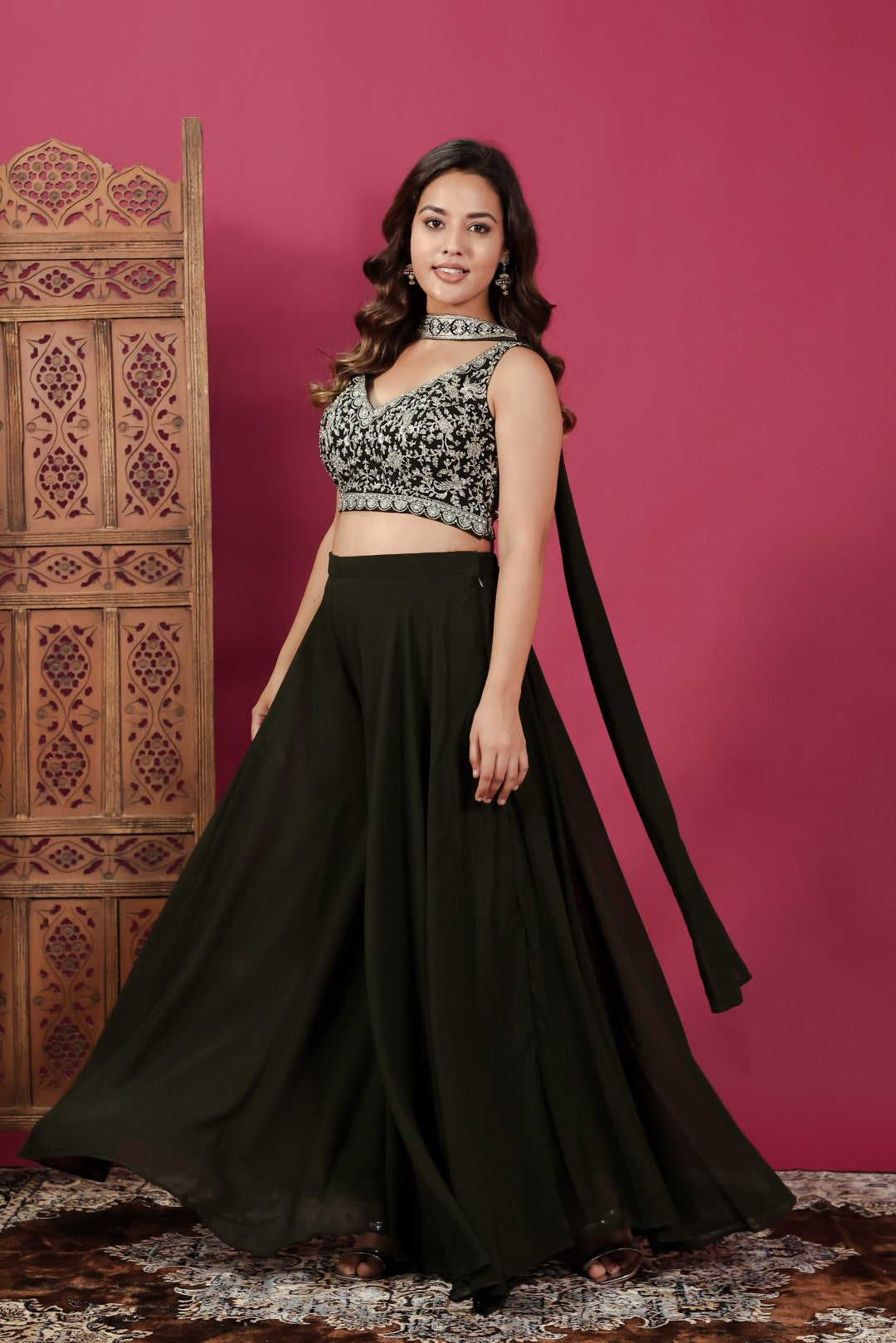 Dark Green Georgette Blouse with Heavy Zari Work, Sharara & Dupatta