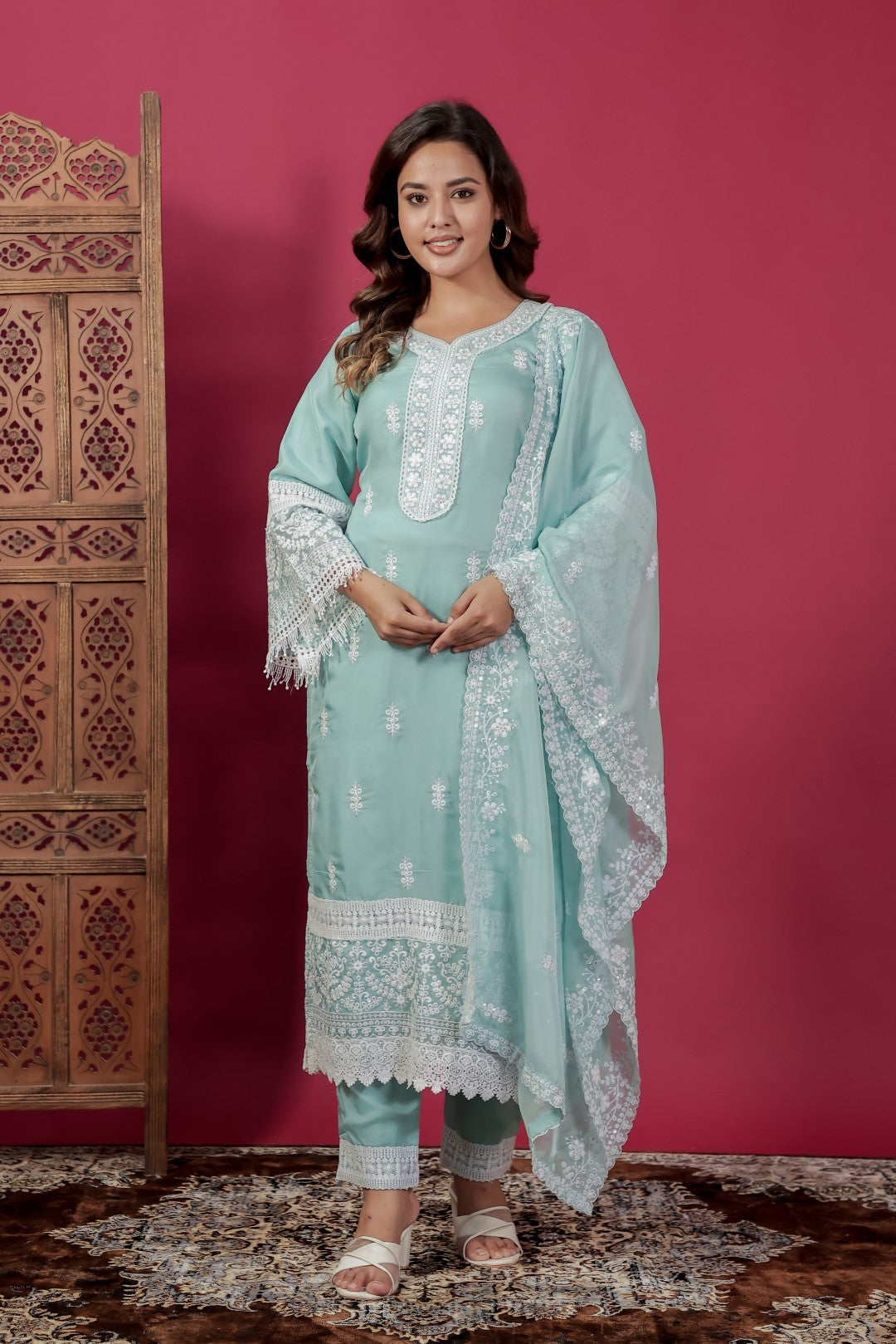 Sky Blue Organza Suit with Thread Work, Bottom & Dupatta