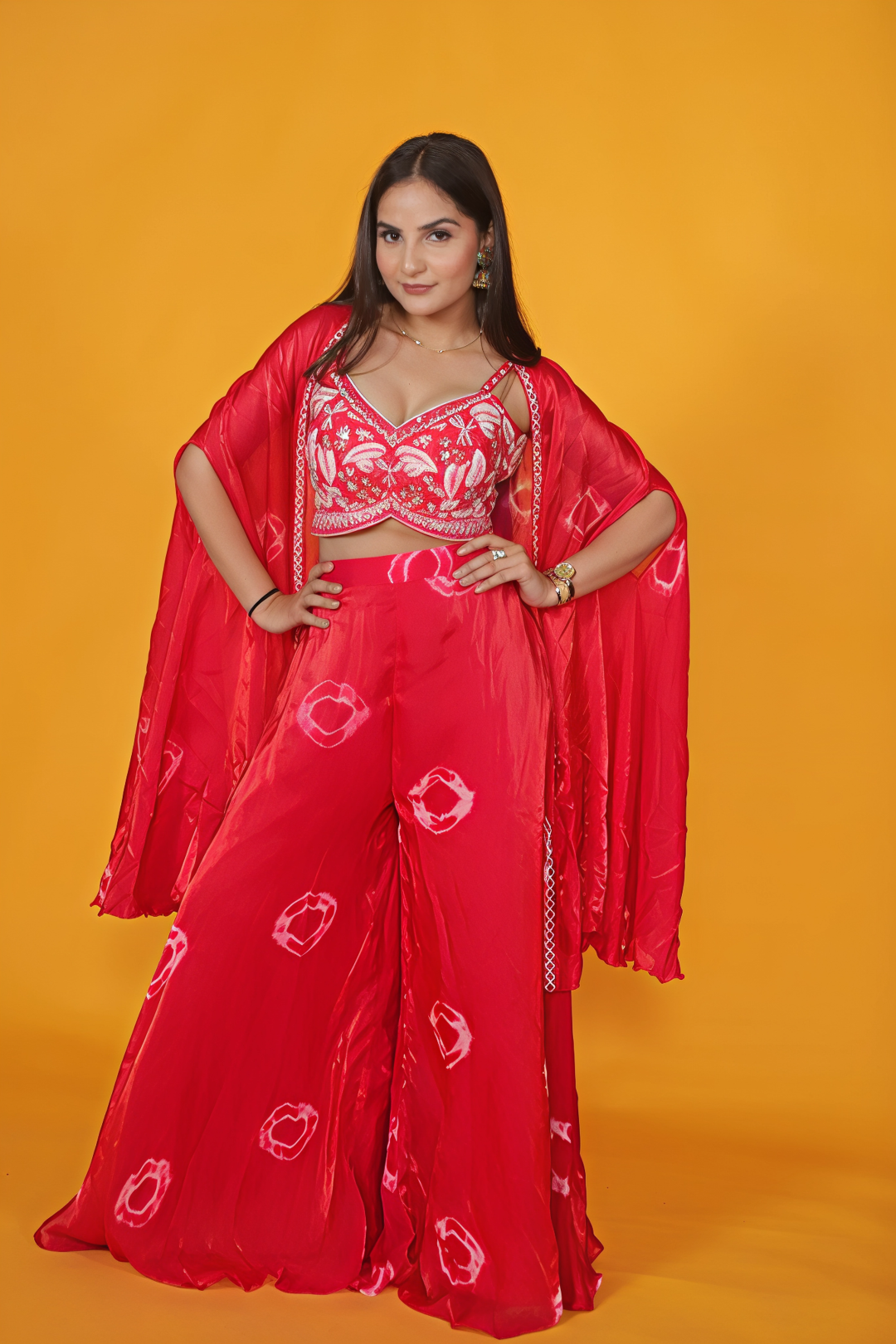 Rani Pink Silk Handwork Blouse with Printed Sharara & Shrug