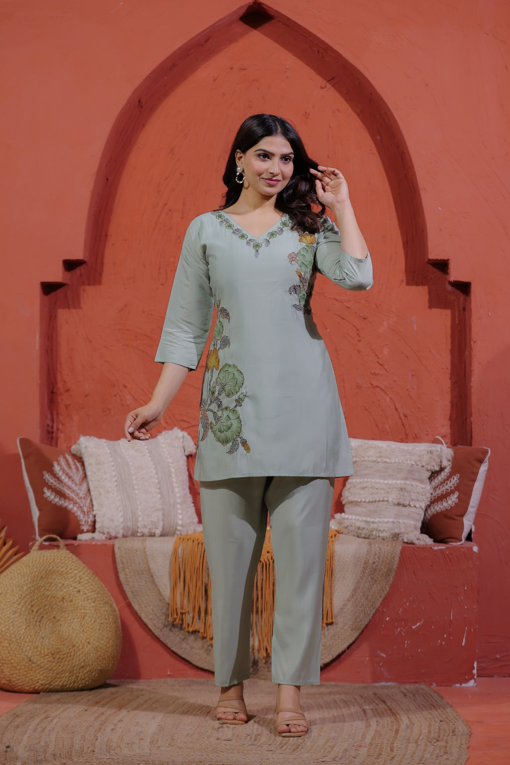 Pista Green Muslin with Colorful Foil Floral Printed Co-ord Set