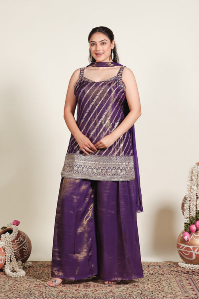 Purple Mosh Silk Suit with Banarsi Print Handwork, Sharara & Dupatta