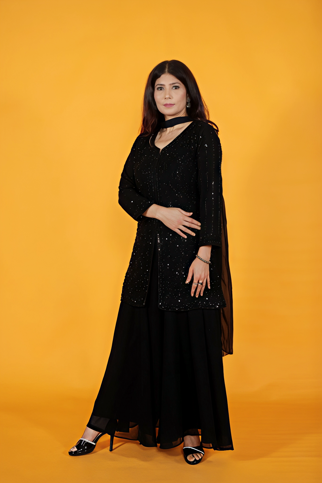 Black Georgette Top with Pearl & Sequins Work, Sharara & Dupatta