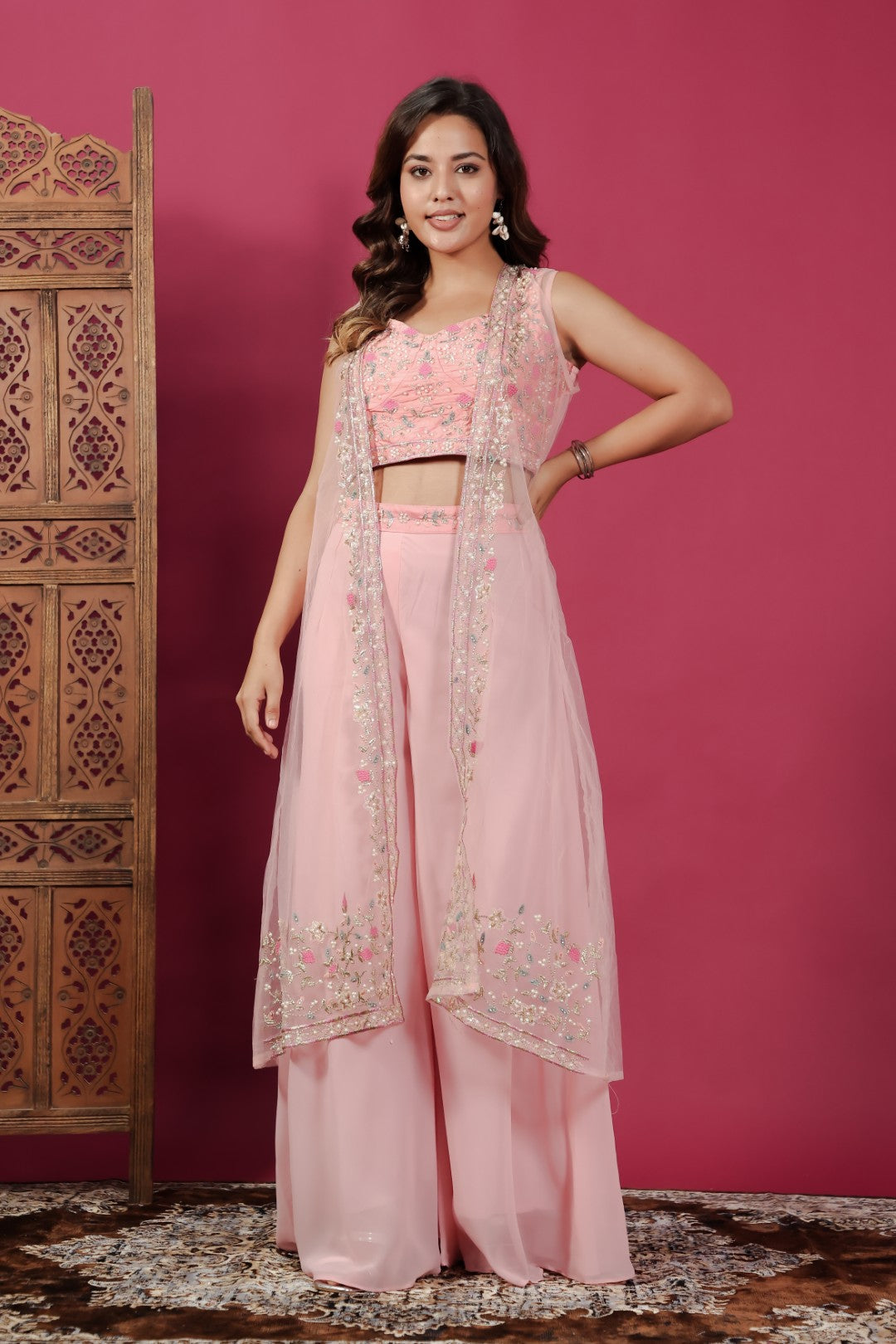 Peach Silk & Georgette Blouse with Zari Stone Work, Sharara & Shrug