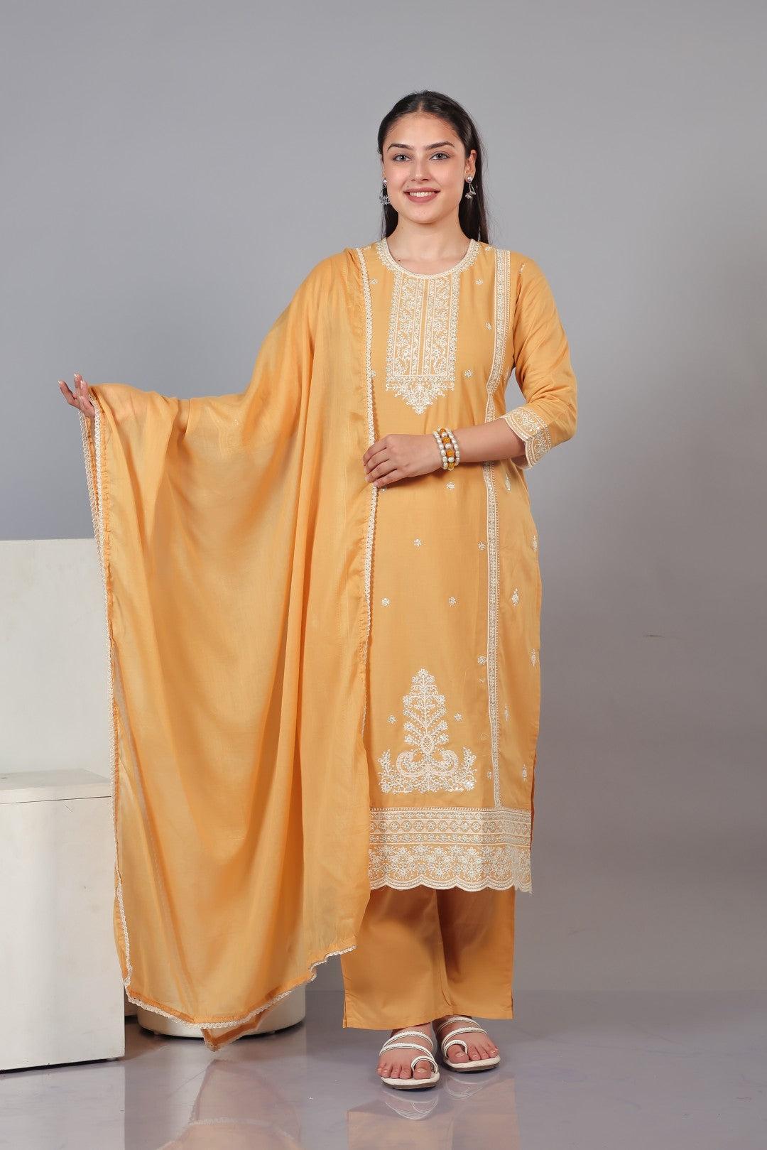 Mustard Brown Cotton Suit with Fine Thread Work, Bottom & Dupatta