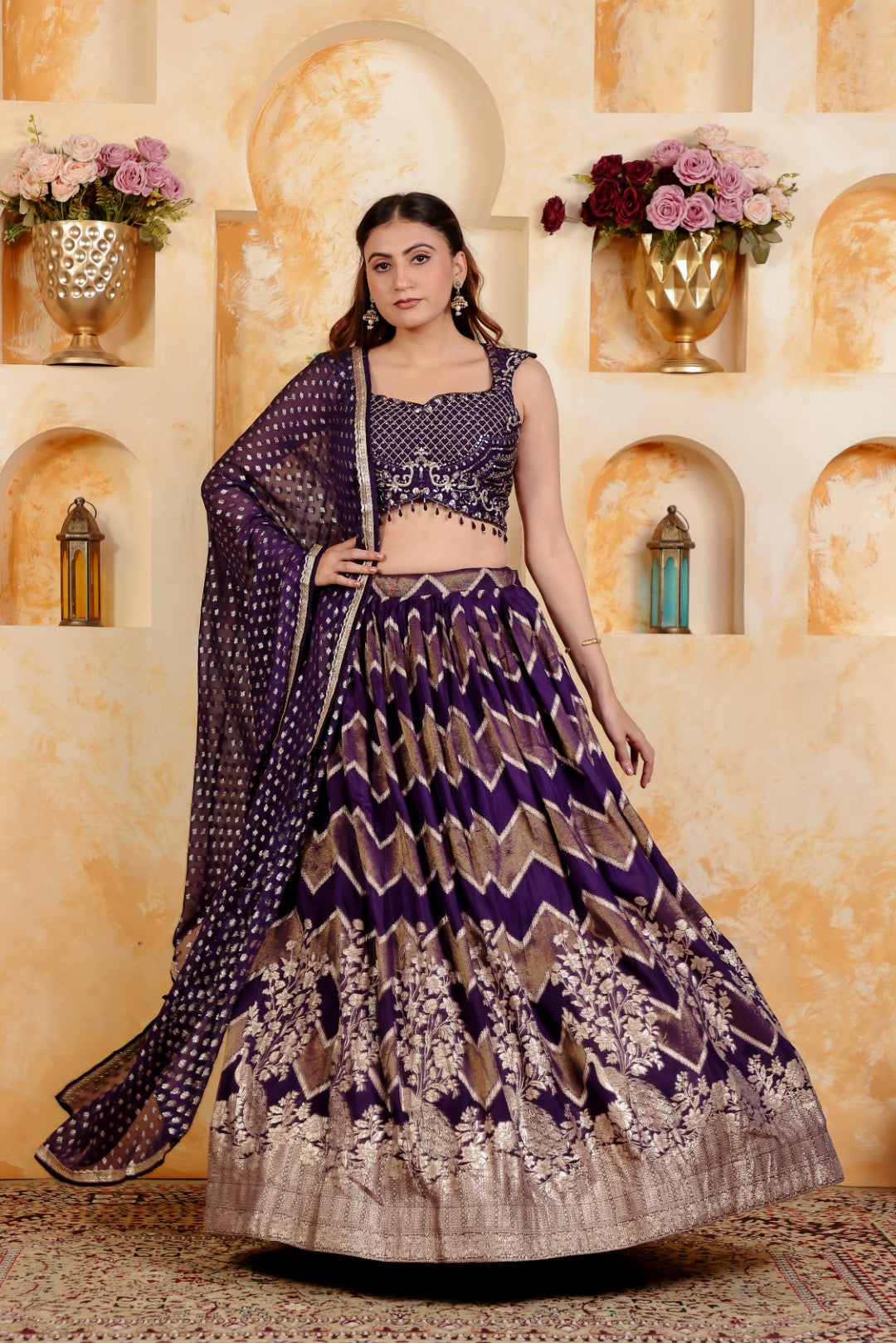 Purple Dola Silk Blouse with Zari Work, Lehenga & Dupatta