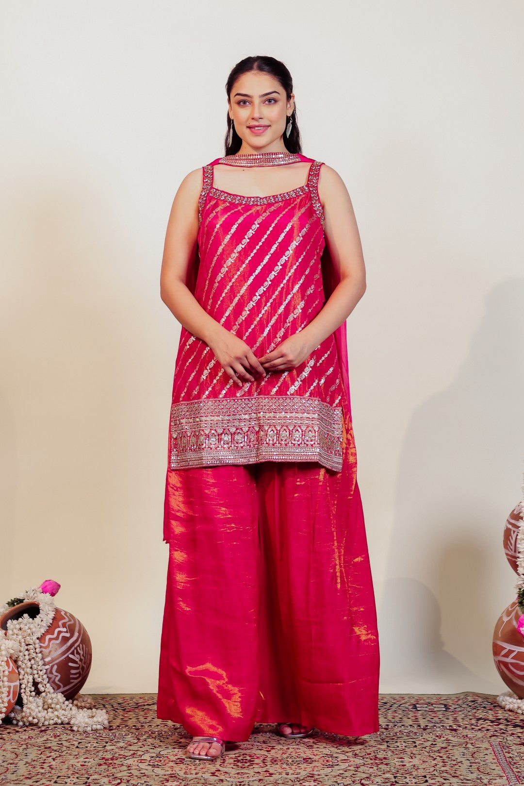 Rani Pink Mosh Silk Suit with Banarsi Print Handwork, Sharara & Dupatta