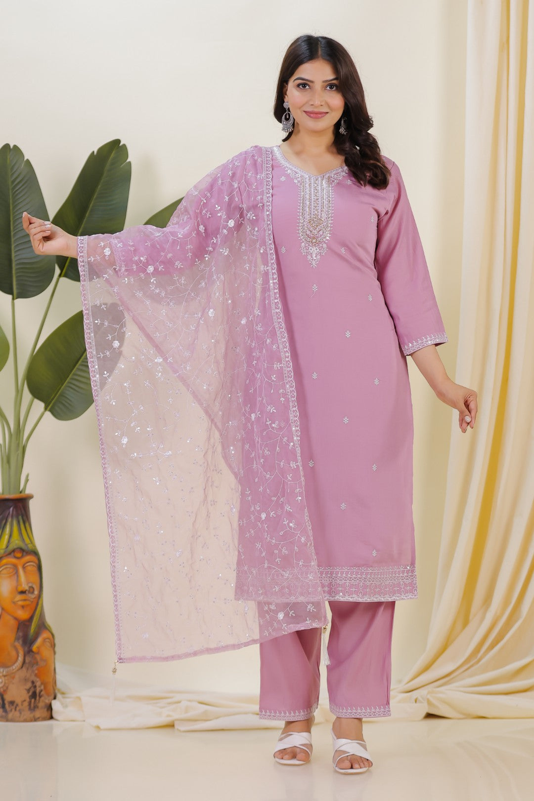 Pink Muslin Suit with Thread Work, Straight Pant & Dupatta