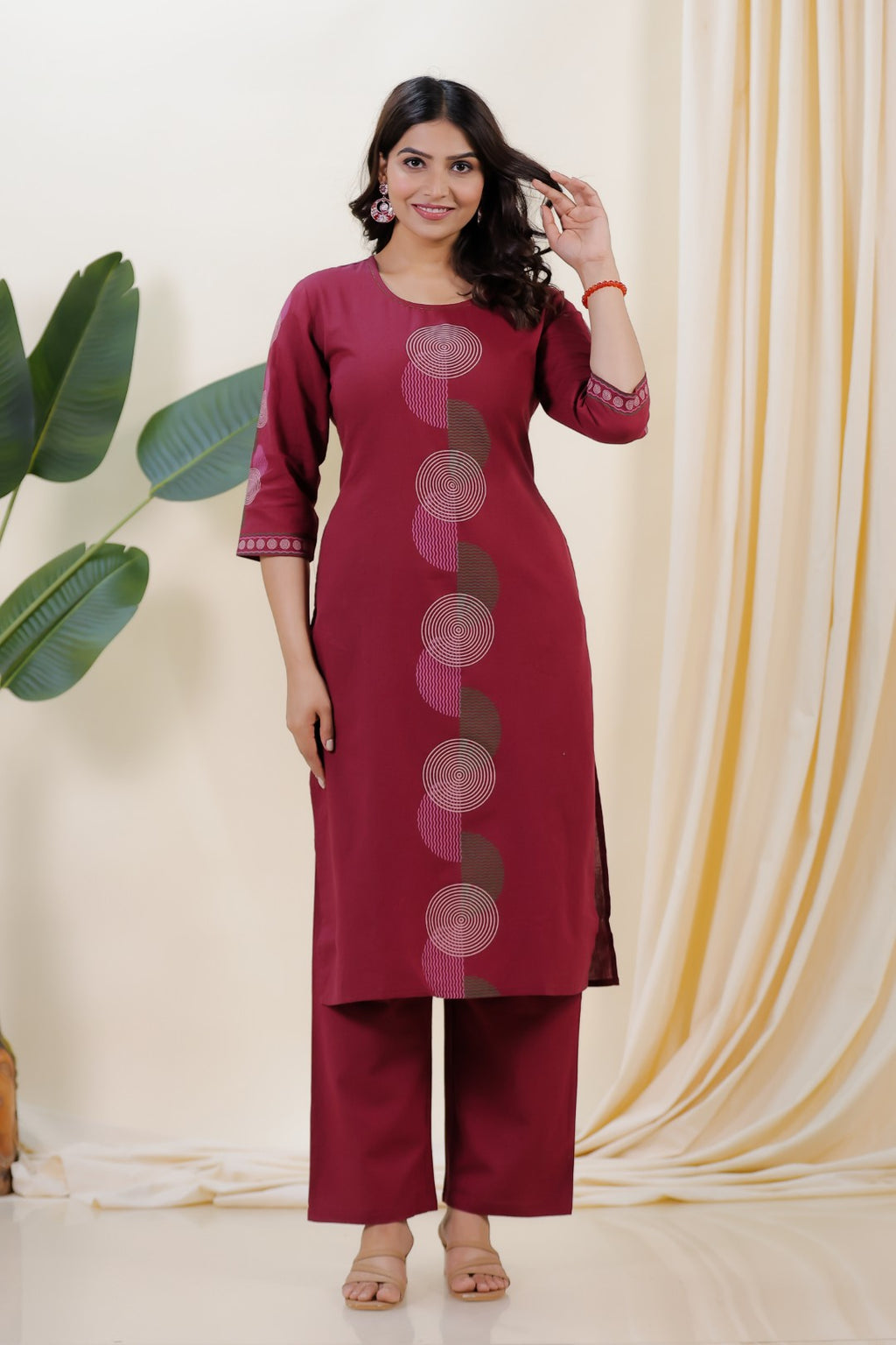 Maroon Linen Cotton Printed Suit with Straight Pant