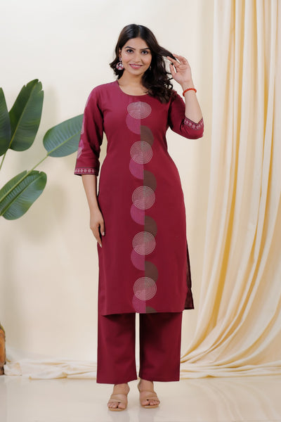 Maroon Linen Cotton Printed Suit with Straight Pant