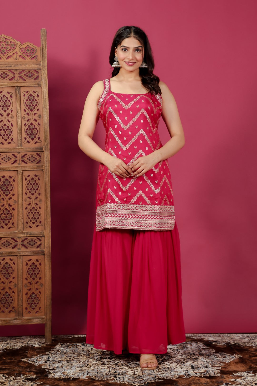 Rani Pink Ho Silk Banarasi Top with Zari Work, Sharara & Dupatta