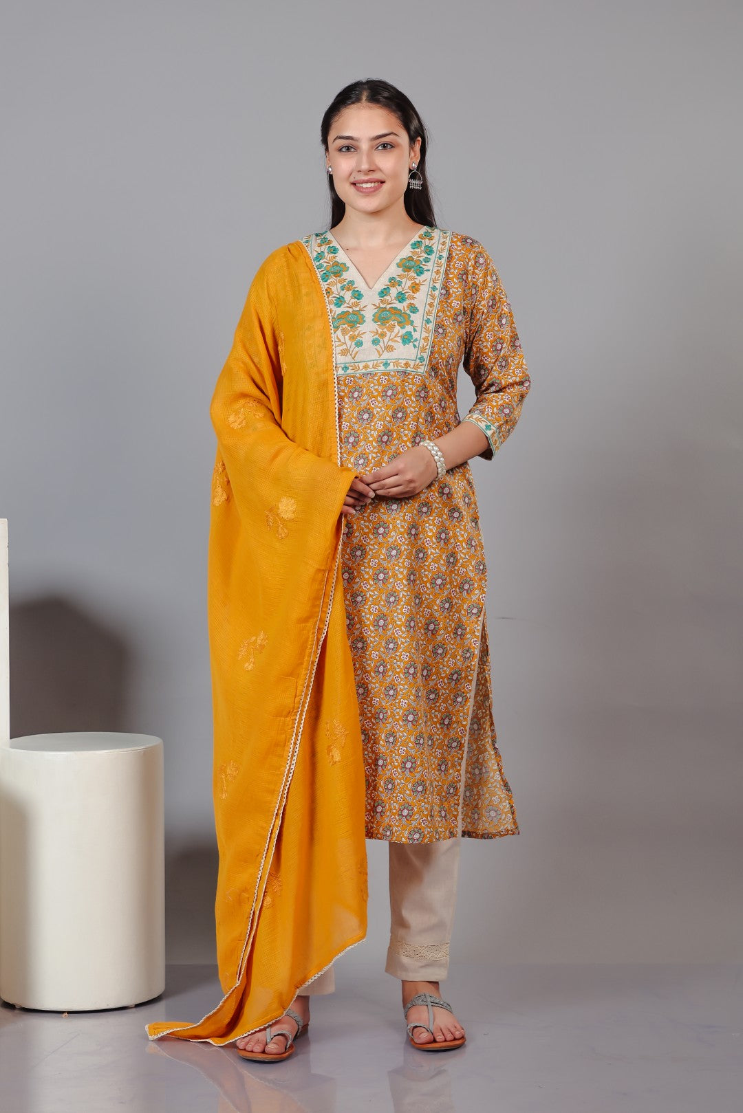 Yellow Cotton Printed Suit with Thread Work, Bottom & Dupatta