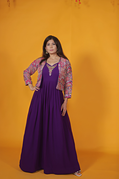Purple Georgette with Handwork, Position Printed Jacket & Gown