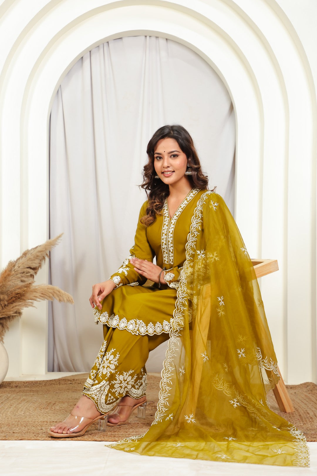 Mehendi Green Rayon Cotton Suit with Thread Work, Palazzo & Dupatta