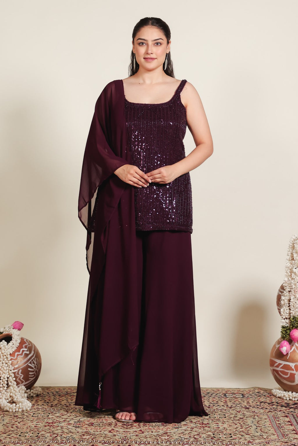 Wine Georgette Suit with Handwork, Sharara & Dupatta
