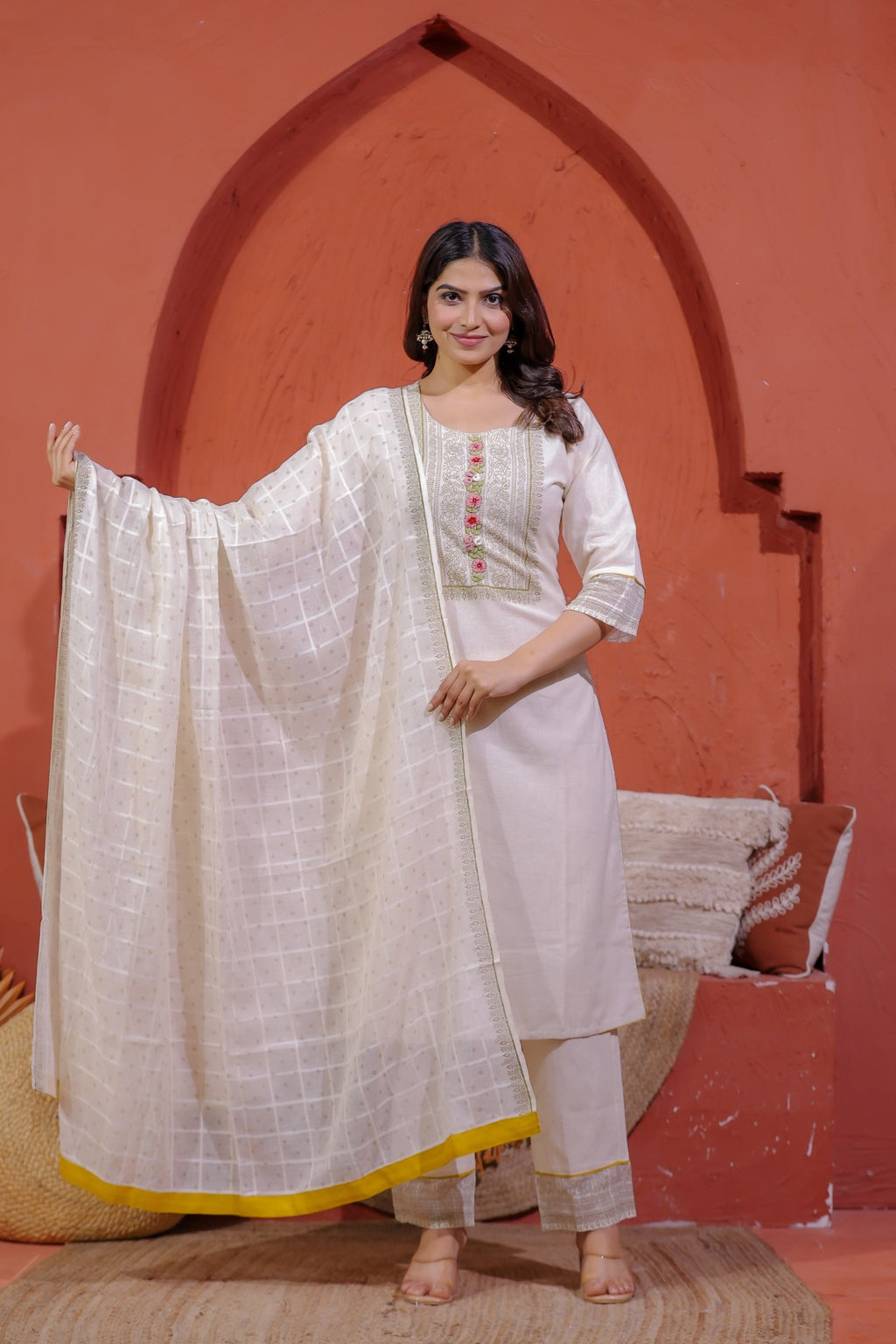 Off White Khadi Cotton Suit with Embroidered, Bottom & Dupatta