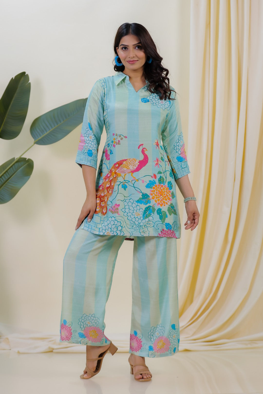 Sky Green & Sky Blue Crepe Silk with Peacock Printed Co-ord Set