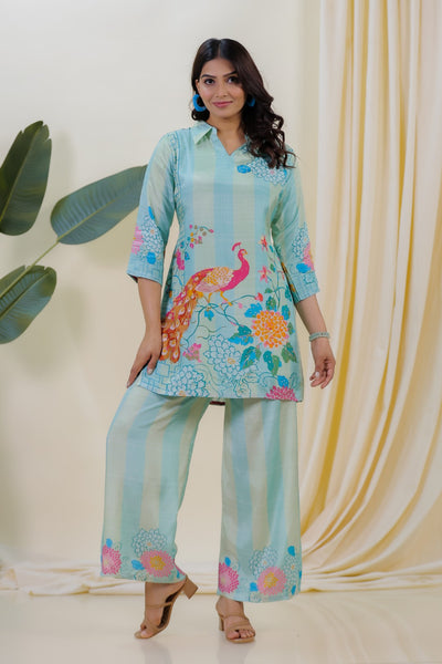Sky Green & Sky Blue Crepe Silk with Peacock Printed Co-ord Set