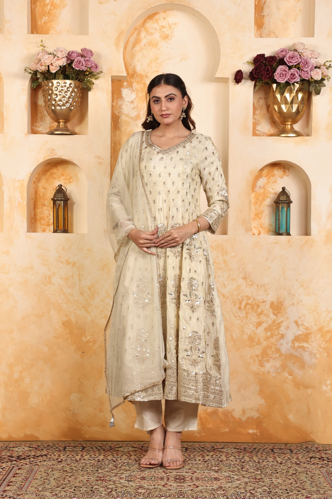 Off White Mosh Silk Suit with Full Sequins & Zari Work, Bottom & Dupatta