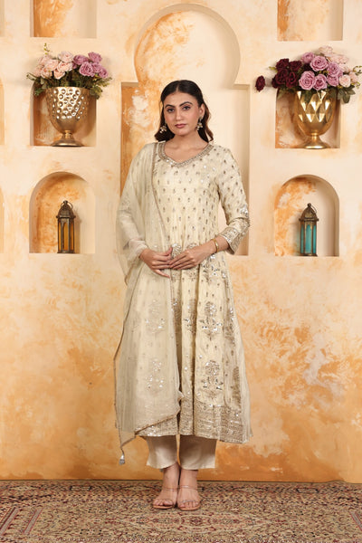 Off White Mosh Silk Suit with Full Sequins & Zari Work, Bottom & Dupatta