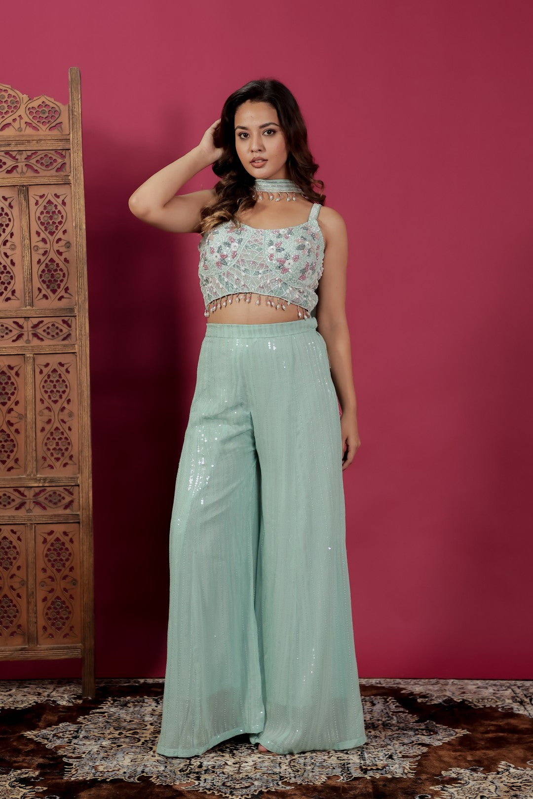 Sea Green Georgette Palazzo Set with Full Sequin Handwork Blouse & Dupatta