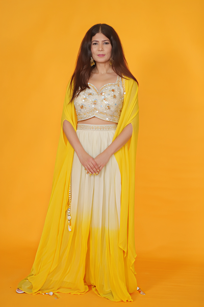 Off White Silk Blouse with Handwork, Offwhite and Yellow Sharara & Shrug