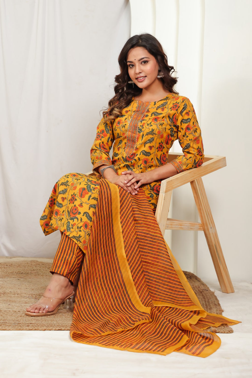 Mustard Yellow Slub Cotton Floral Printed Suit, Bottom & Dupatta