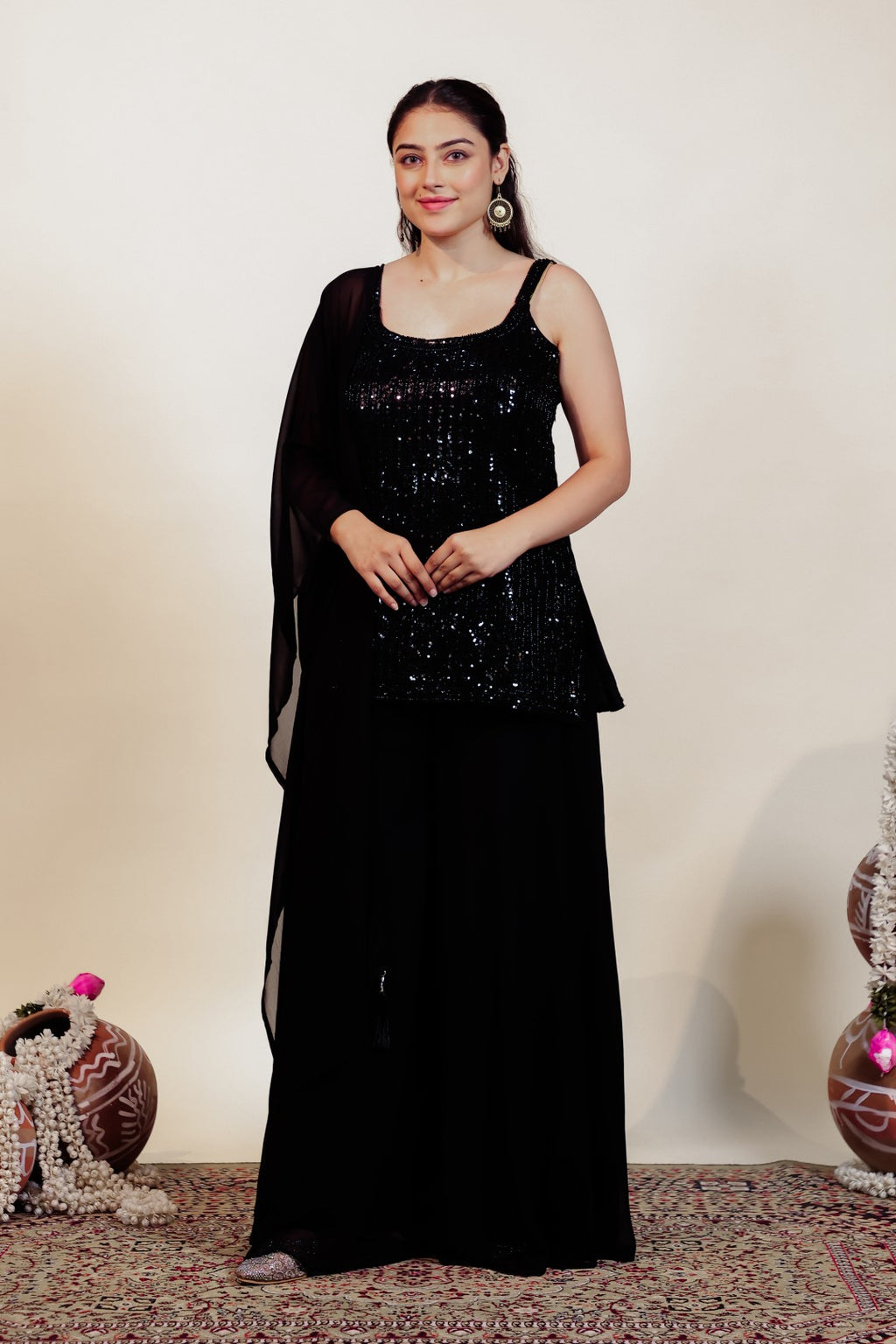 Black Georgette Suit with Handwork, Sharara & Dupatta