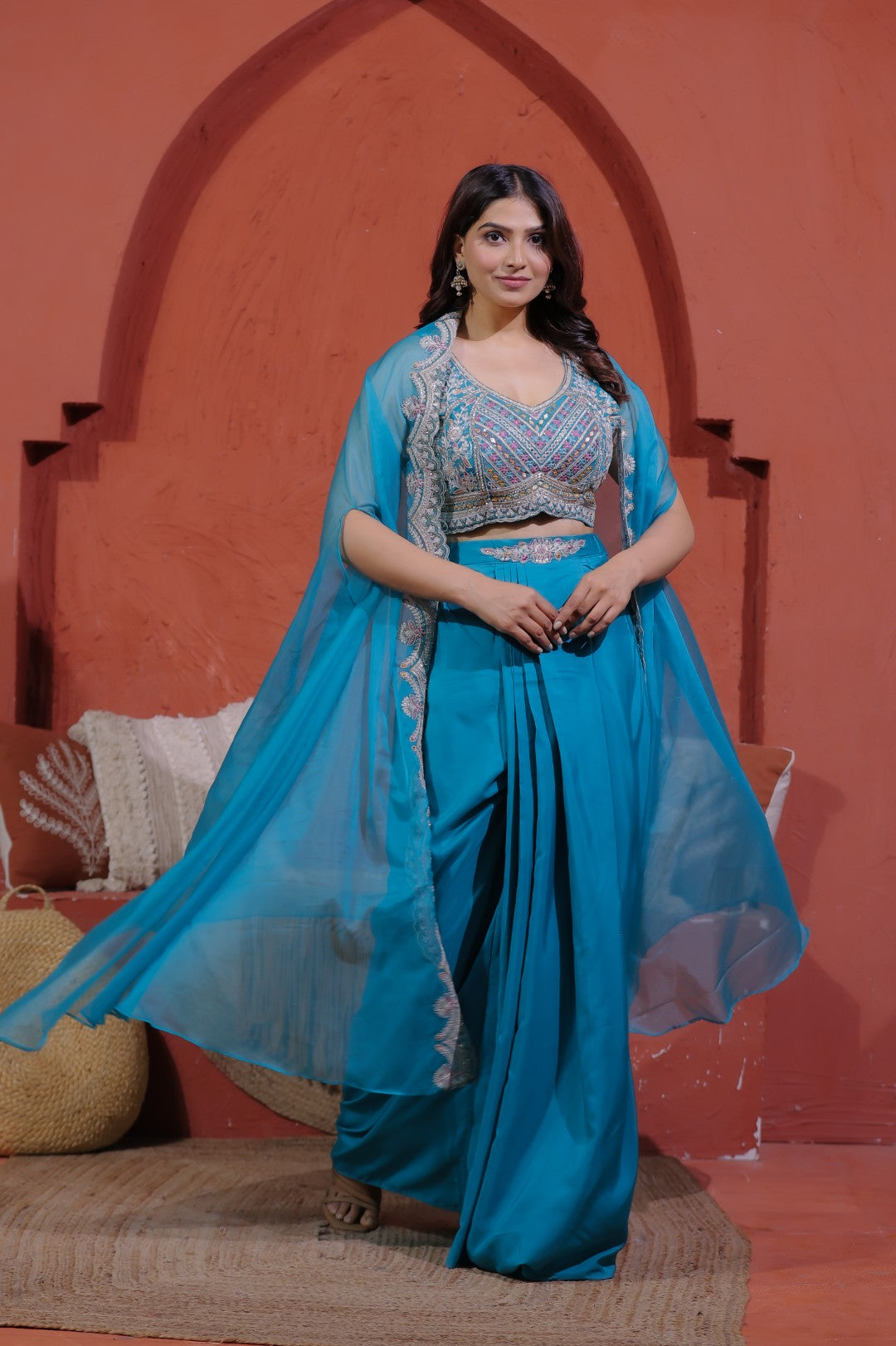 Rama Green Crepe Silk Blouse with Hand & Thread Work, Sharara & Shrug