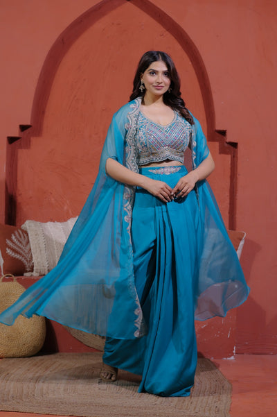 Rama Green Crepe Silk Blouse with Hand & Thread Work, Sharara & Shrug