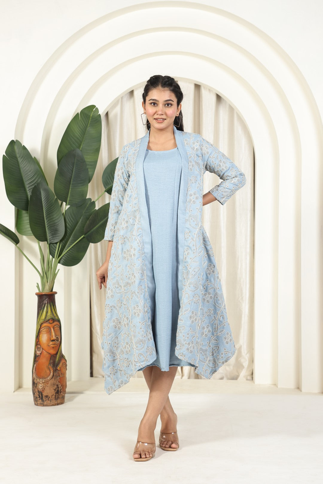 Baby Sky Blue Fiona Cotton Cut-sleeves Top and Jacket with Full Thread Embroidery