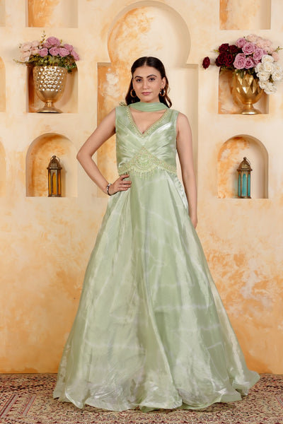 Mint Green Jimmy Choo Gown with Stylish Handwork & Net Dupatta
