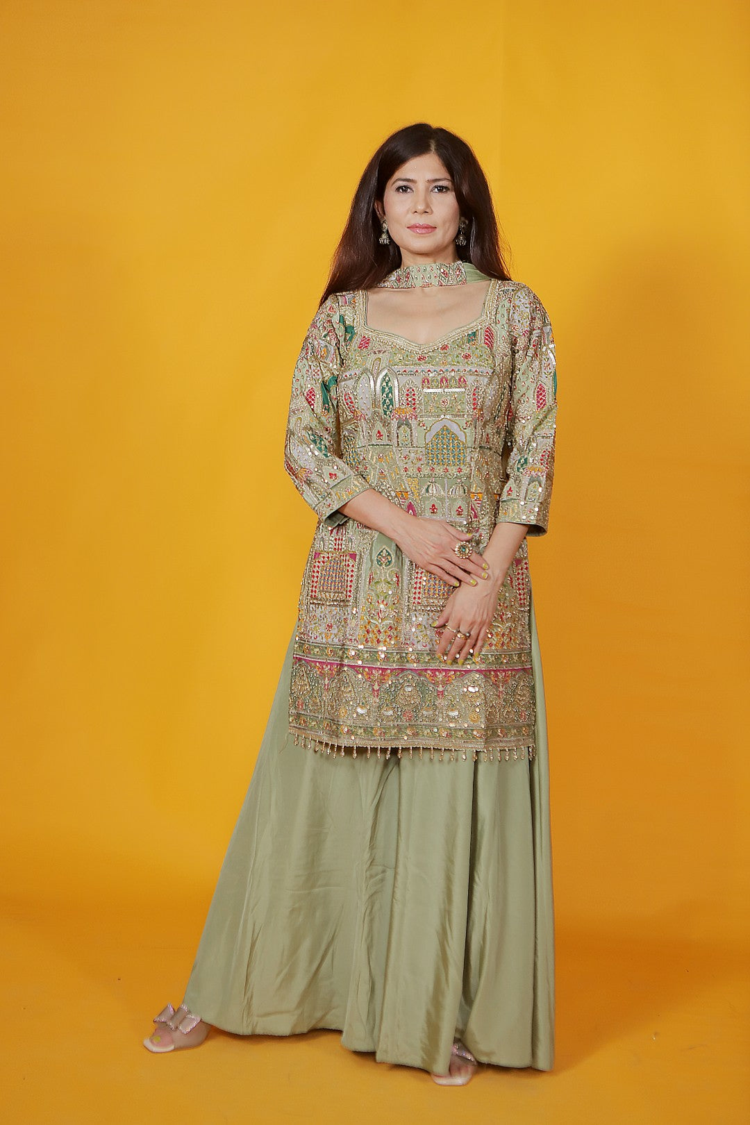 Pista Green Silk Suit with Full Zari Work, Sharara & Dupatta