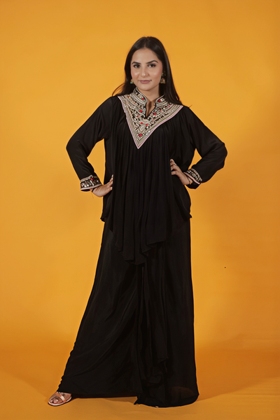Black Crepe Silk Ponchu with Handwork and Matching Dhoti