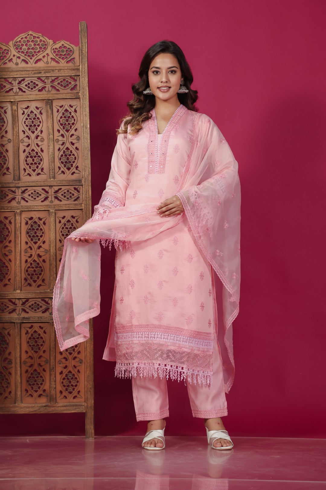 Baby Pink Muslin Silk Suit with Thread Embroidery, Bottom & Dupatta