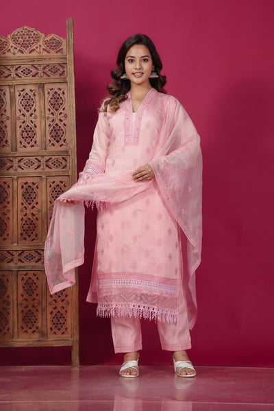 Baby Pink Muslin Silk Suit with Thread Embroidery, Bottom & Dupatta