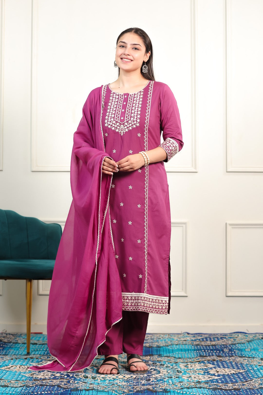 Purple Pink Cotton Suit with Fine Thread Work, Bottom & Dupatta