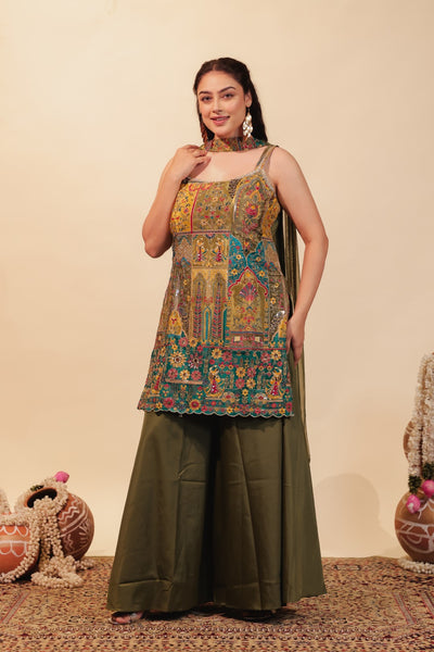 Mehendii Green Crepe Silk Suit with Position Printed & Zari Work, Sharara & Dupatta