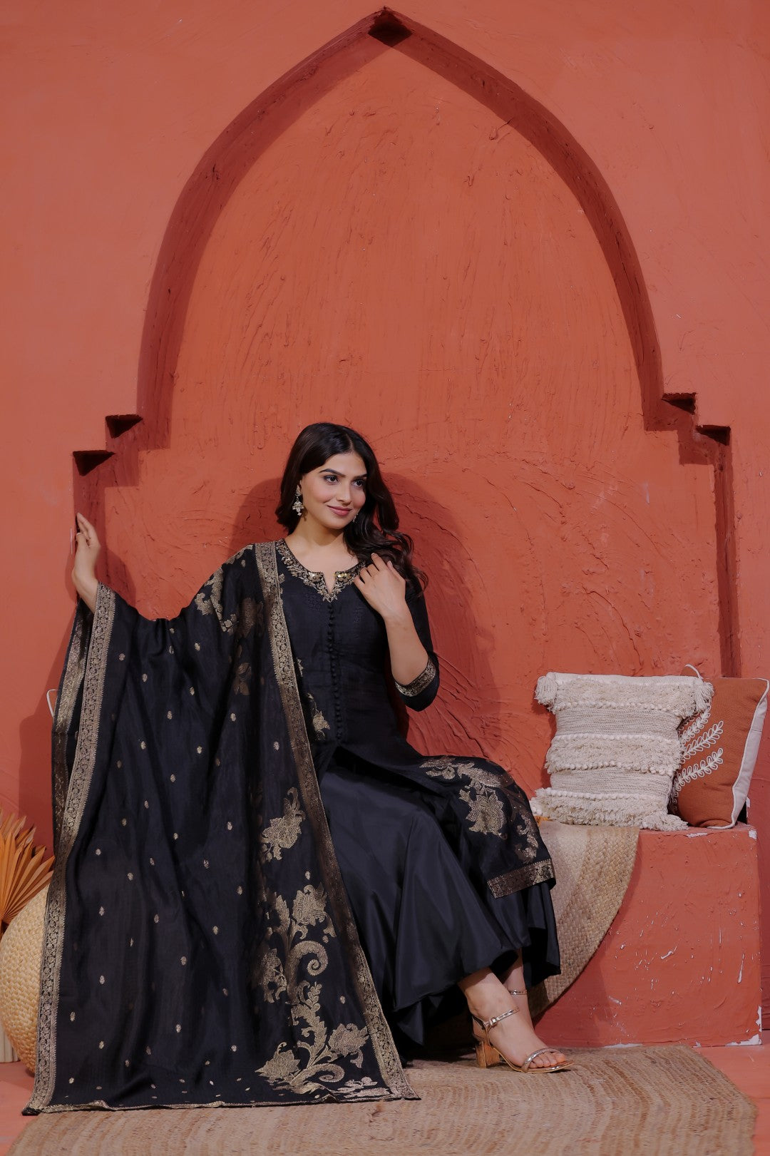 Black Jacquard Silk Banarasi Suit with Handwork, Sharara & Dupatta