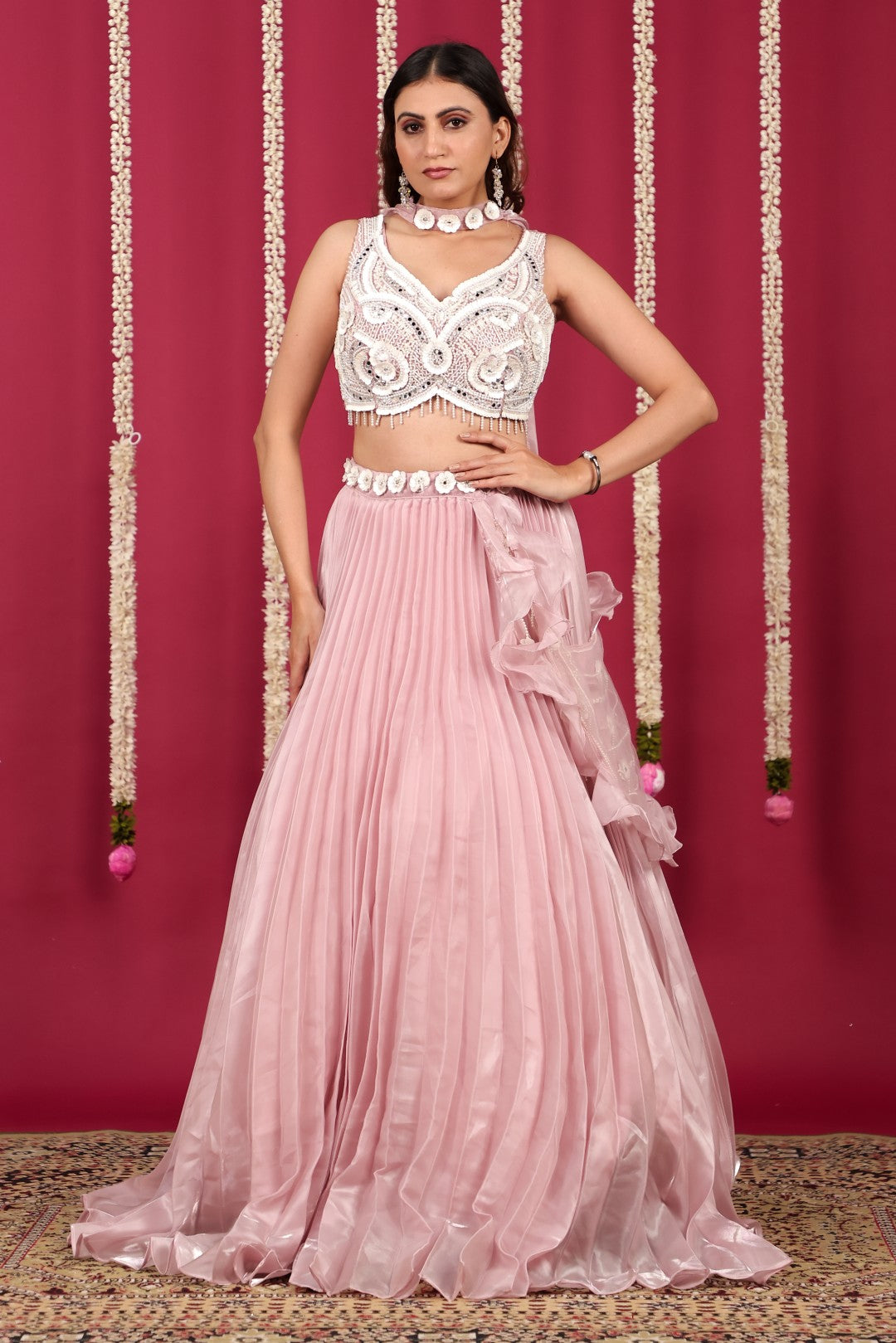 Baby Pink Burberry Net Lehenga with Pearl & CP Handwork Blouse & Attached Dupatta