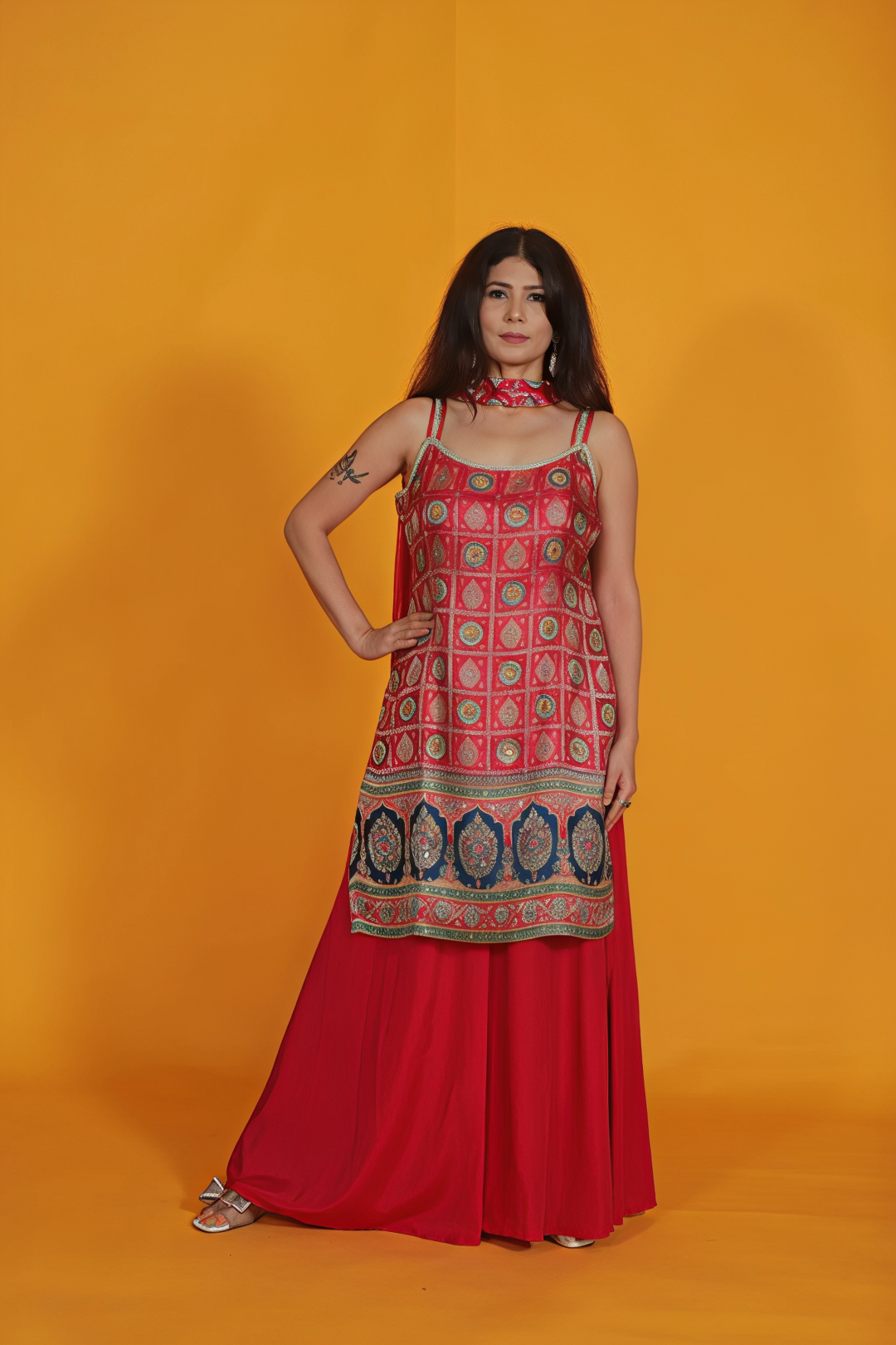 Rani Pink Crepe Silk Suit with Position Banarsi Prints, Sharara & Net Choker Dupatta