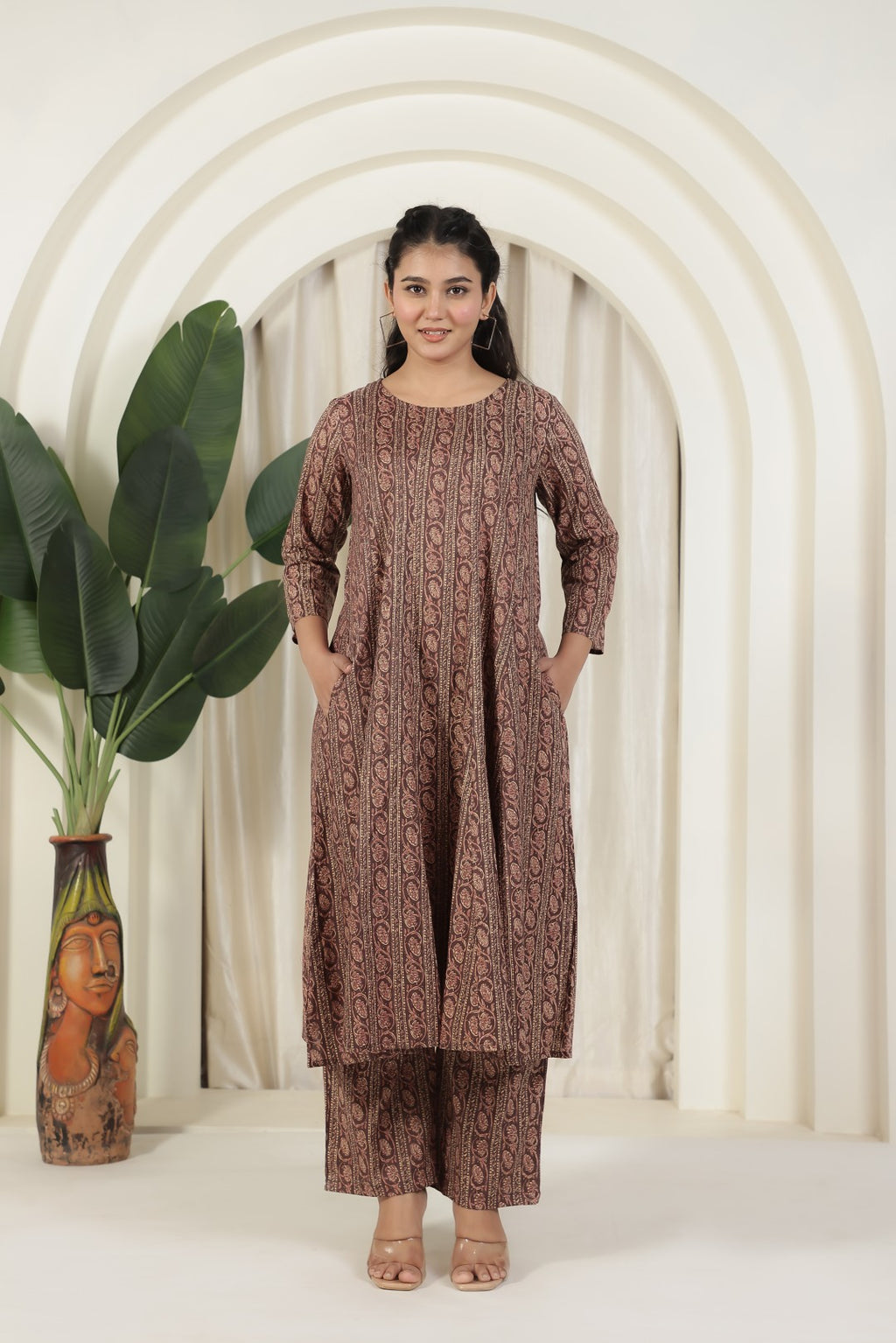 Chocolate Brown Cotton Printed Suit and Paired with a Matching Pant & Dupatta
