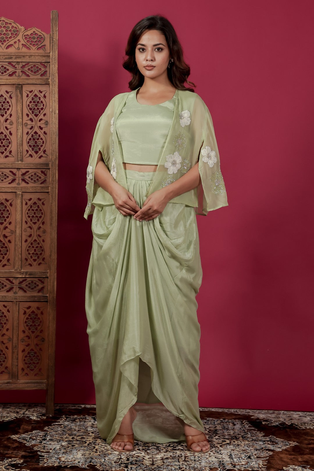 Pista Green Chinon Silk Dhoti Set with Handwork Blouse & Shrug