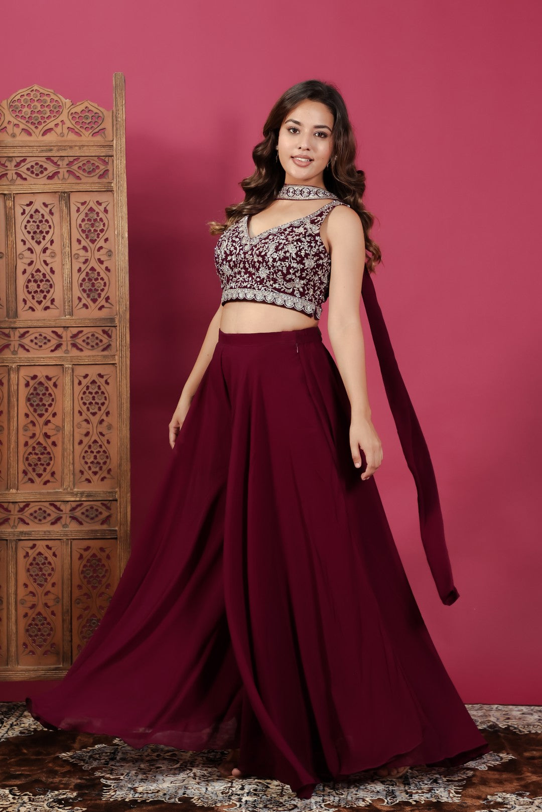 Wine Georgette Blouse with Heavy Zari Work, Sharara & Dupatta