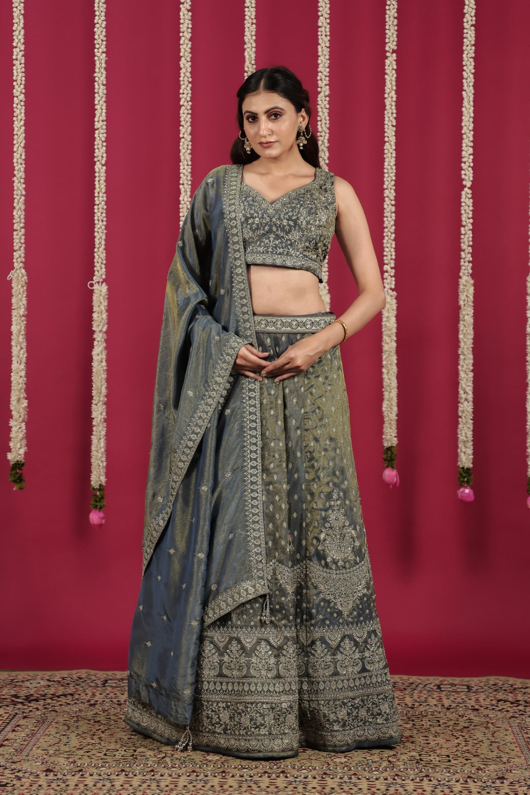 Steal Grey Mosh Silk Blouse with Full Heavy Zari Work, Lehenga & Dupatta