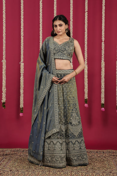 Steal Grey Mosh Silk Blouse with Full Heavy Zari Work, Lehenga & Dupatta