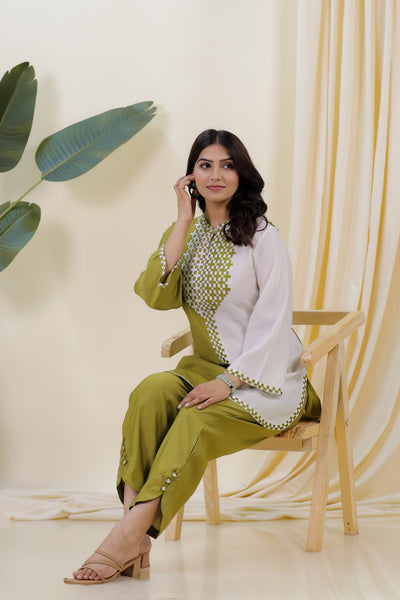 Mehendi Green & Silver Muslin with Thread Work Co-ord Set