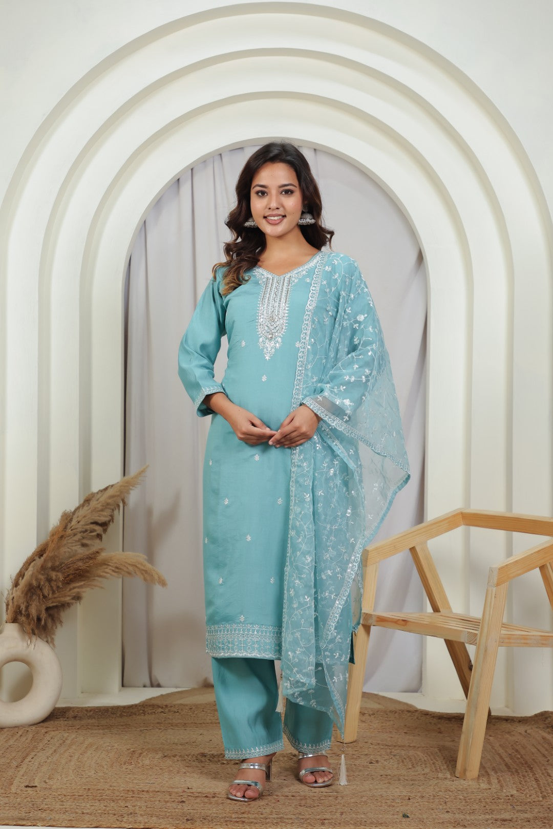 Sky Blue Muslin Suit with Thread Work, Straight Pant & Dupatta